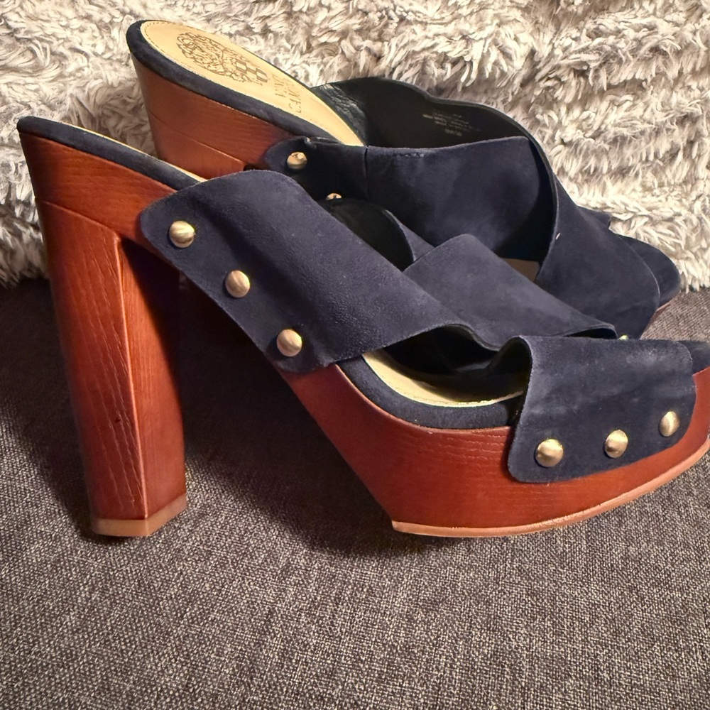 Vince Camuto Navy and Brown Mules